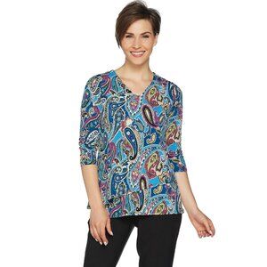 Susan Graver‎ XS Blue Paisley Liquid Knit Stretch 3/4 Sleeve Tiered Top Blouse